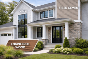 Home exterior showing vinyl, fiber cement, and engineered wood siding options by Midwest Windows, Siding & Doors