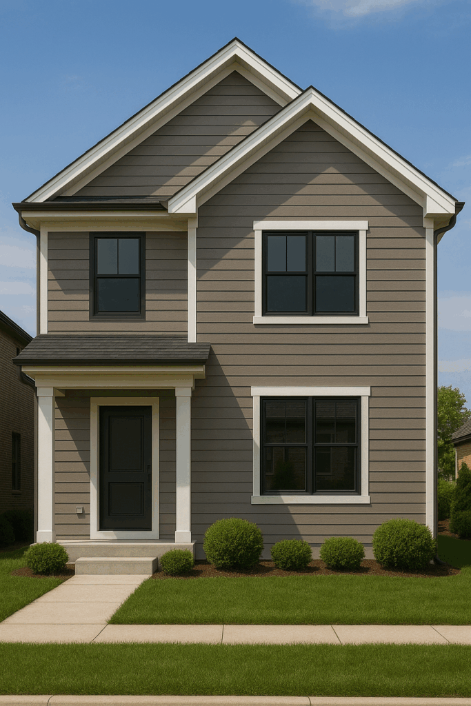 Two-story Schaumburg home with taupe horizontal siding with black-framed windows by Midwest Windows, Siding & Doors