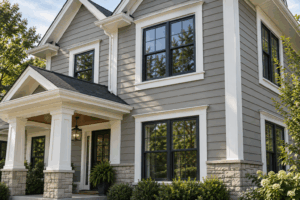 Chicagoland home with gray siding, white trim, and black-framed windows.