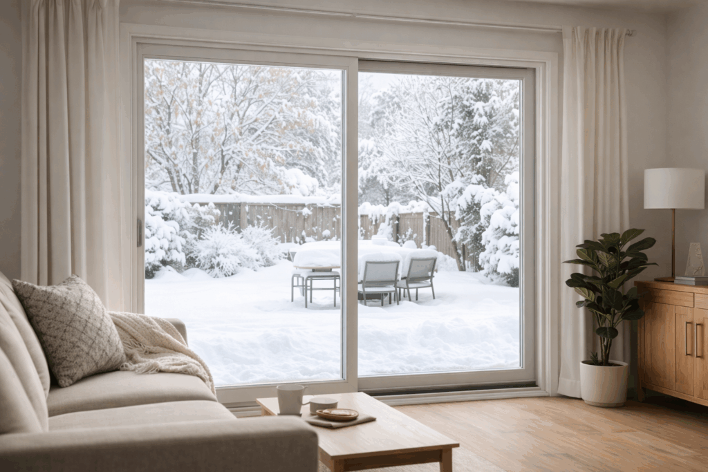Energy-efficient sliding patio door keeping a home warm in winter.