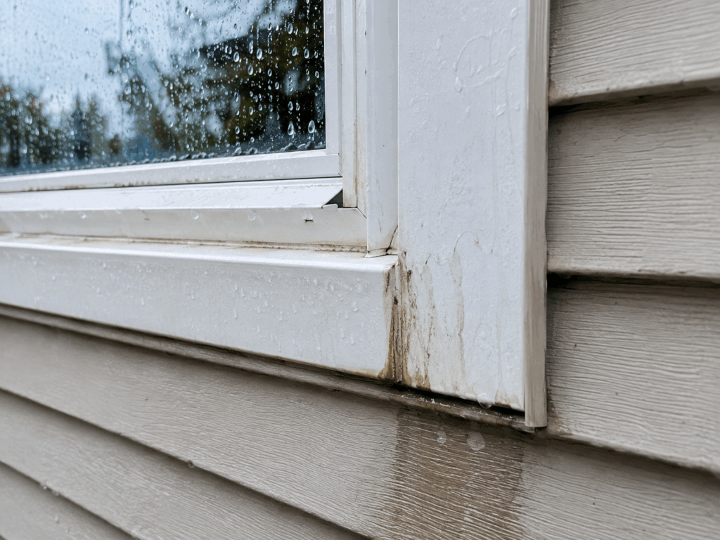 Water staining around exterior window trim after rainfall.
