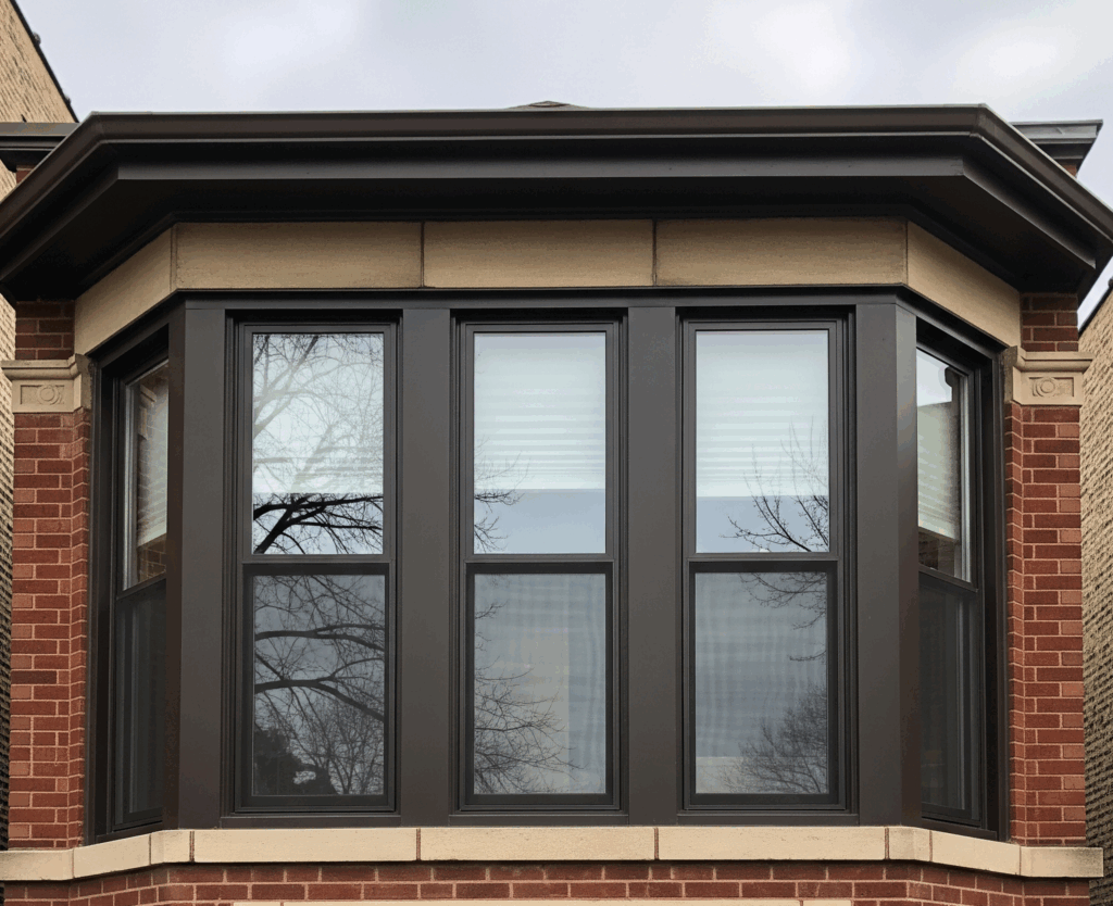 A bay window with dark-framed triple-pane windows on a red brick Chicago bungalow home by Midwest Windows, Siding & Doors