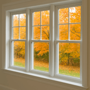 White-framed replacement windows showcasing an outdoor view of vibrant orange and yellow autumn trees under warm natural light by Midwest Windows, Siding & Doors