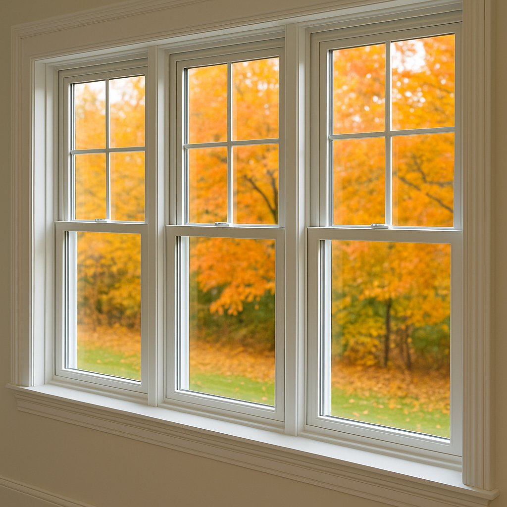 White-framed replacement windows showcasing an outdoor view of vibrant orange and yellow autumn trees under warm natural light by Midwest Windows, Siding & Doors