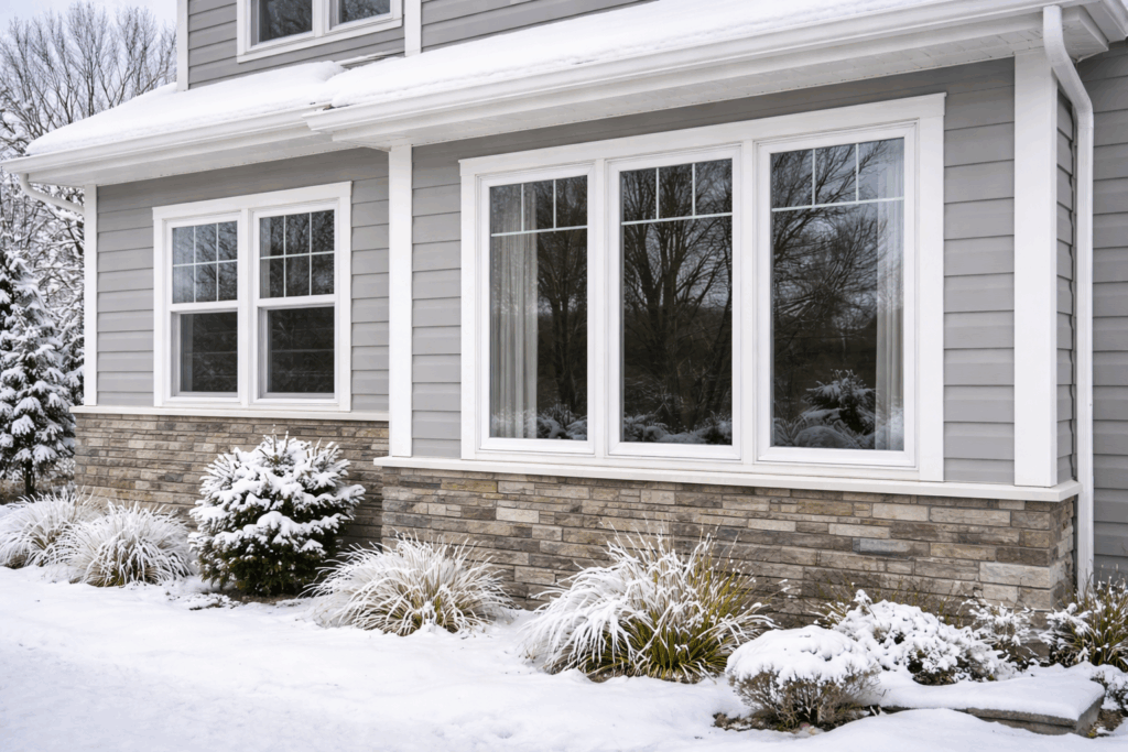 Energy Star certified vinyl replacement windows installed on a suburban Chicago home in winter, featuring insulated double-pane glass and snow-covered landscaping