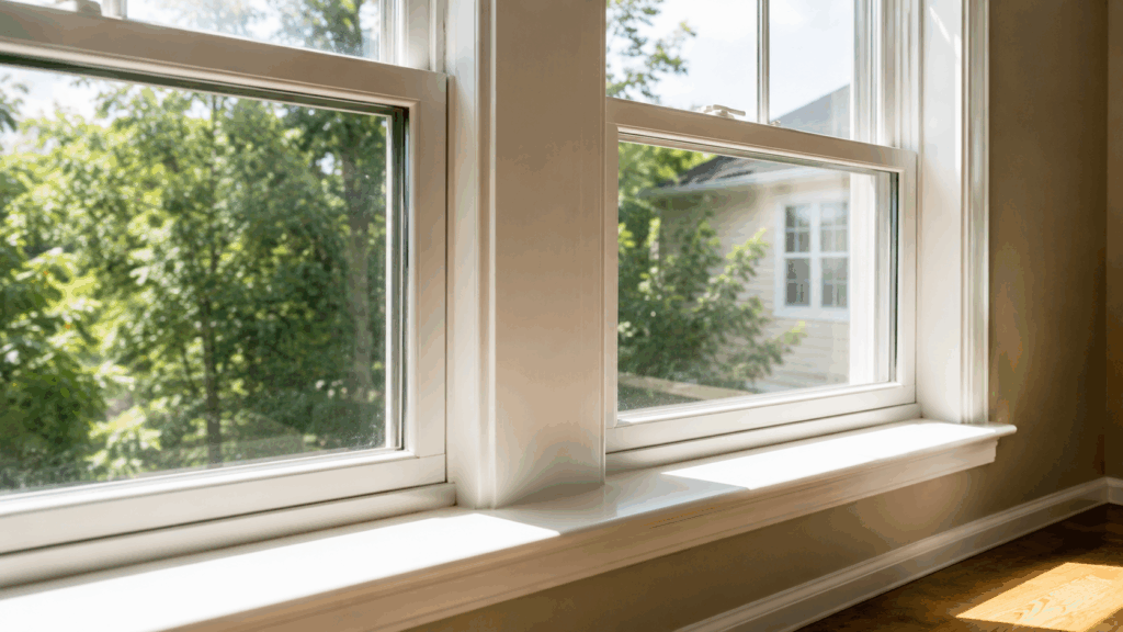 Sunlight coming through white-framed residential windows into a warm room.