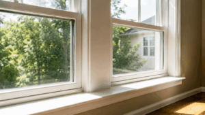 Sunlight coming through white-framed residential windows into a warm room.