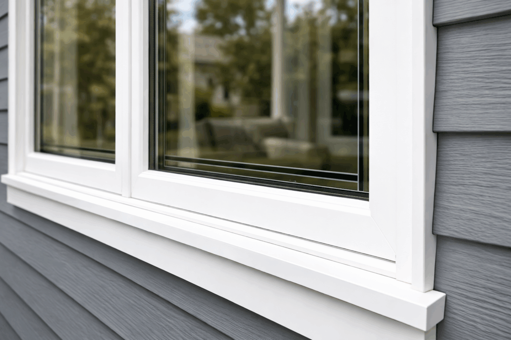Close-up of modern white replacement windows installed on a gray Chicago suburban home exterior with stone accents and landscaped front yard.