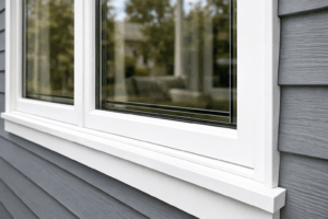 Close-up of modern white replacement windows installed on a gray Chicago suburban home exterior with stone accents and landscaped front yard.