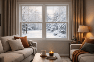 Energy-efficient replacement window keeping a living room warm during winter.